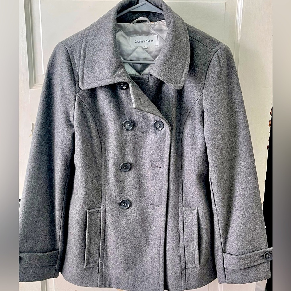 Calvin Klein Wool Blend Pea Coat, Light Grey Size 12